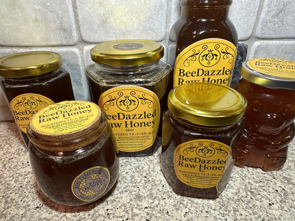 12 oz Raw Texas Real Honey in hexagon glass jar