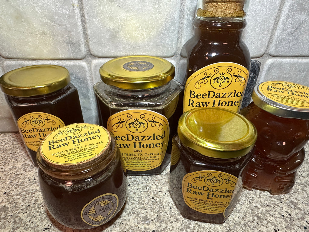 8 oz Raw Texas Honey in Hexagon Glass Jar
